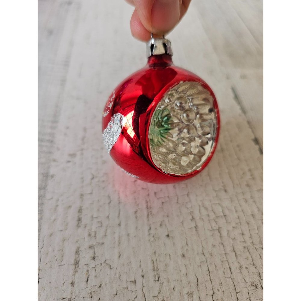 Vintage mini red ball indent sparkle glitter ornament‎ Xmas tree